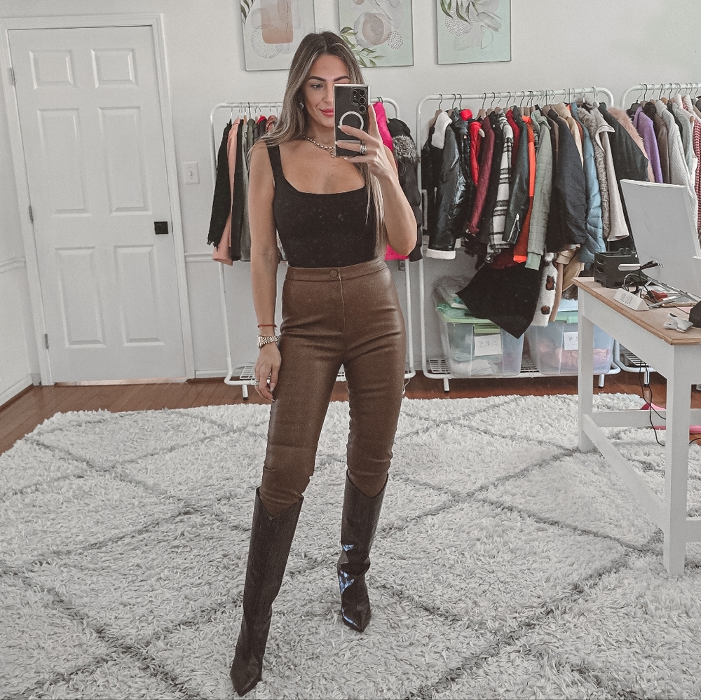 Zara brown faux leather high waist slim pants size S - Picture 9 of 9